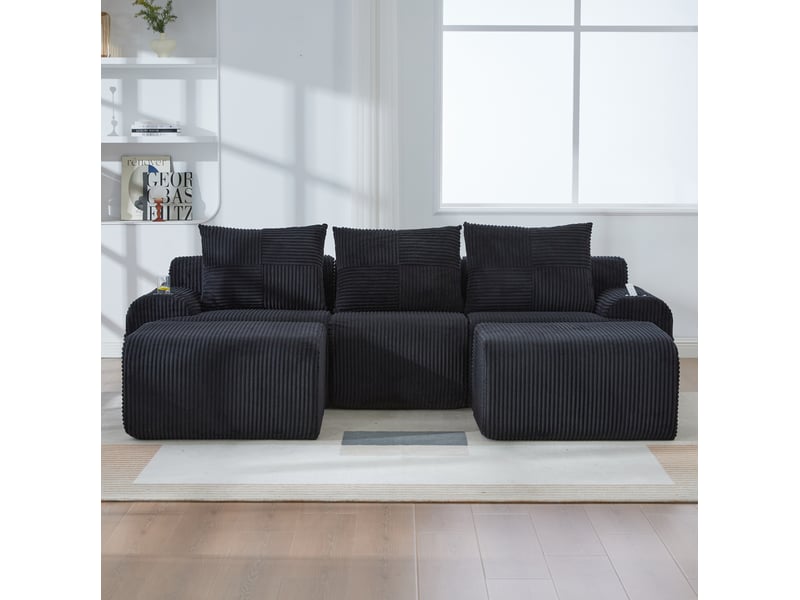 Canapé d'angle modulable 3 places en velours côtelé noir avec 2 poufs, porte-gobelet et rangement latéral - Conforama B