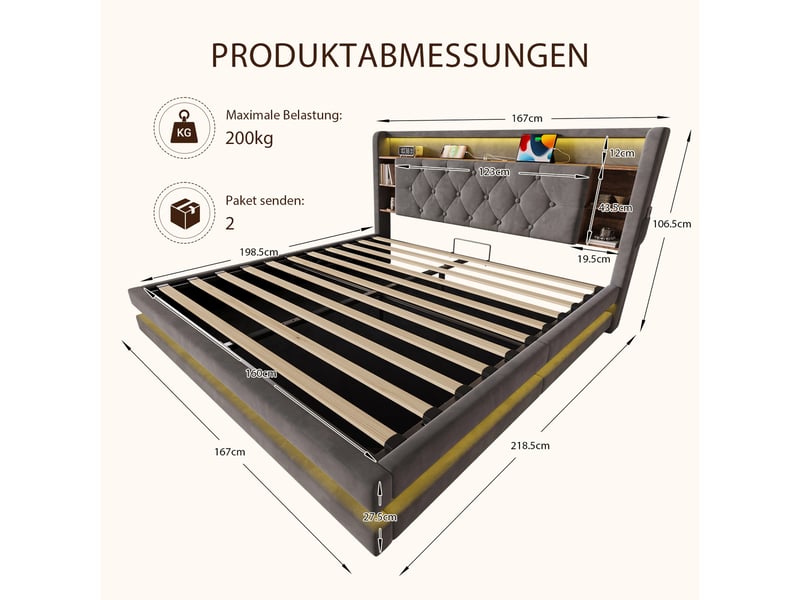  Lit coffre rembourré 160 x 200 cm, rangement hydraulique, tête de lit avec étagères, led, 2 usbtype-c, sommier à lattes, velours, gris foncé Seren Glow - Conforama C