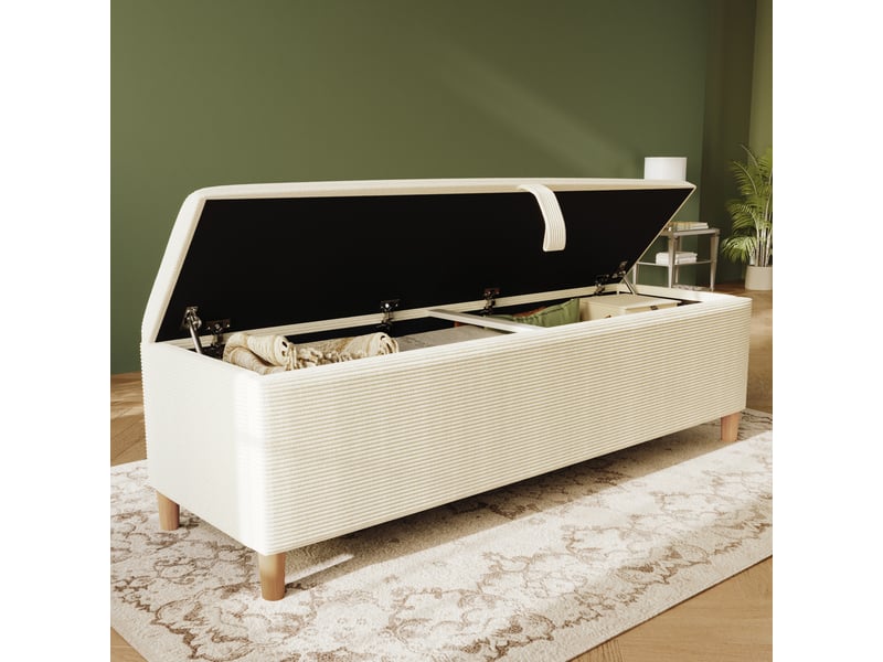  Banc de lit 145x38x46 cm, rangement hydraulique, assise rembourrée, velours côtelé beige, chambre, salon, entrée  - Conforama B