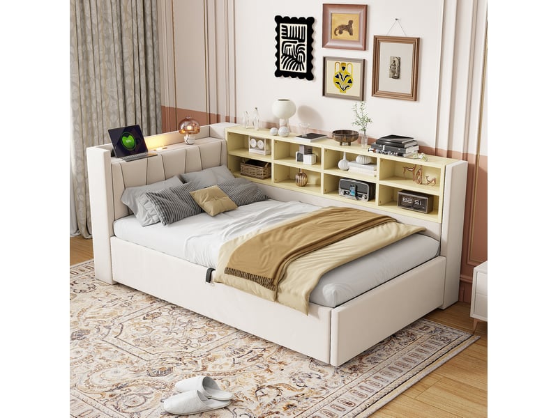  Lit coffre 90x200 cm, lit simple avec veilleuse et usb-c, velours beige, sans matelas  - Conforama W