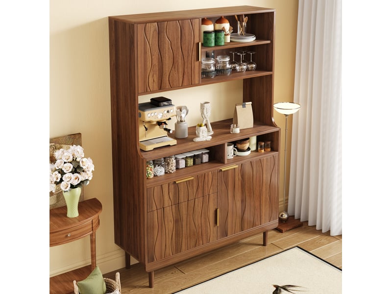  Buffet haut 100x32x170 cm, doté de niches ouvertes, tiroirs et portes, meuble de rangement, pieds bois, noyer, mdf  - Conforama E