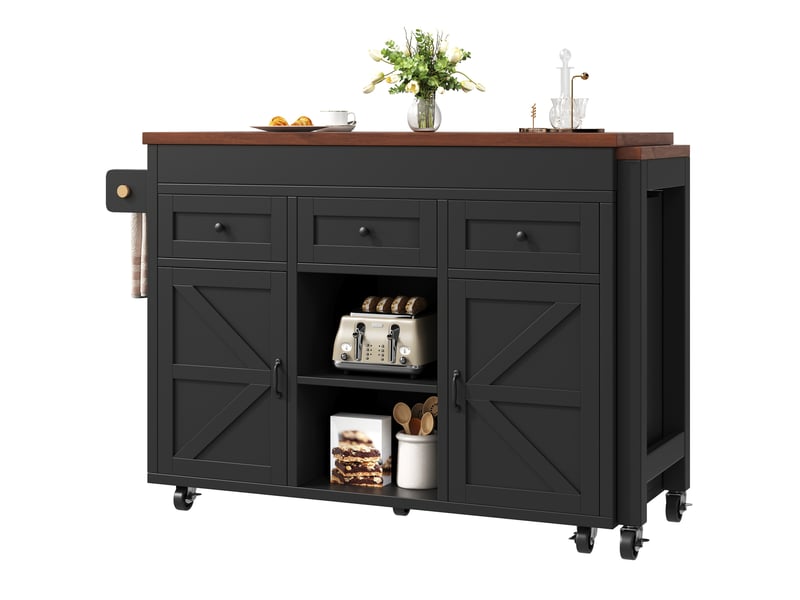  Îlot de cuisine avec table extensible et rangement, 131,5 à 210 cm, mdf noir  - Conforama A