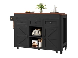 Îlot de cuisine avec table extensible et rangement, 131,5 à 210 cm, mdf noir