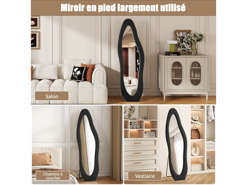  Miroir plein pied 160x50 cm forme ondulée, cadre rembourré en flanelle noire, miroir au sol décoratif pour chambre et salon  - Conforama E
