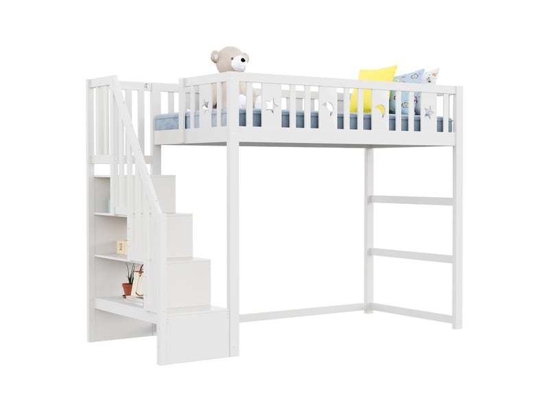  Lit mezzanine enfant 200×90 cm avec escalier à étagères, espace de jeu et motifs étoile et lune, blanc  - Conforama A