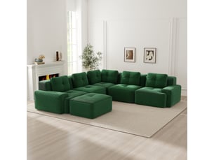 Grand canapé panoramique modulable velours côtelé vert – 295 x 295 x 69 cm