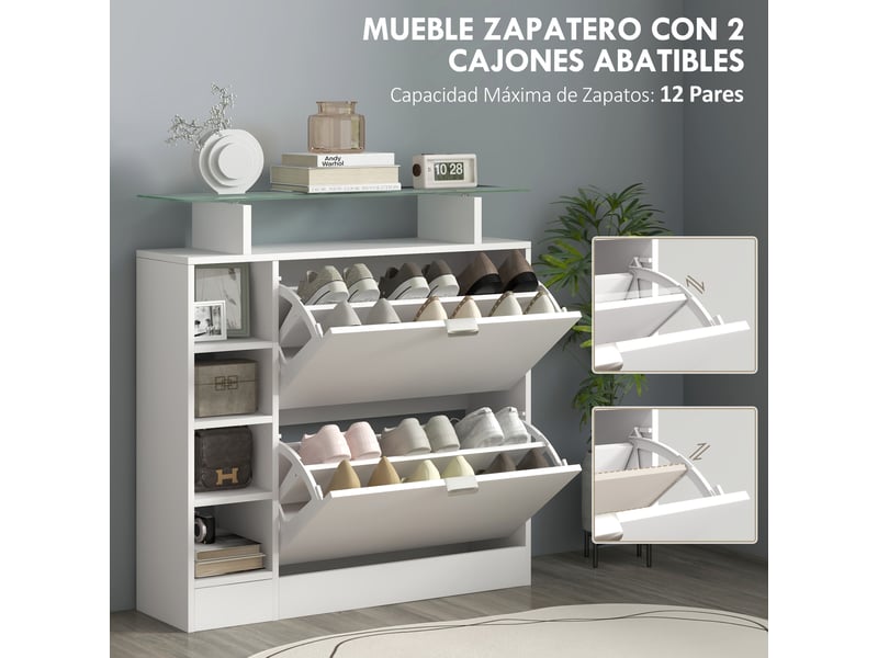 Meuble à chaussures avec tiroirs abattants, étagères réglables et étagères ouvertes pour 12 paires de chaussures, 89 x 25 x 92 cm, blanc - Conforama E