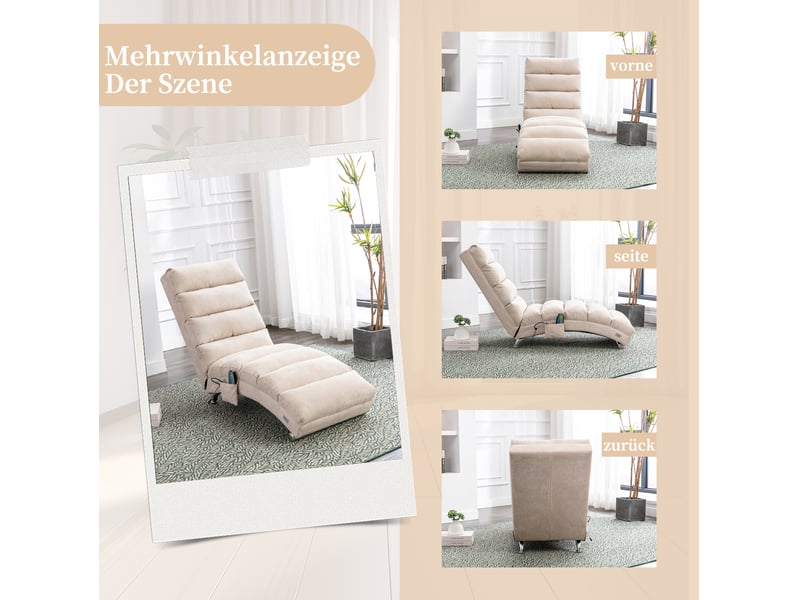  Fauteuil relax fixe vibrant 148x55x84 cm, soutien intégral, poches latérales, mousse et lin, beige  - Conforama D