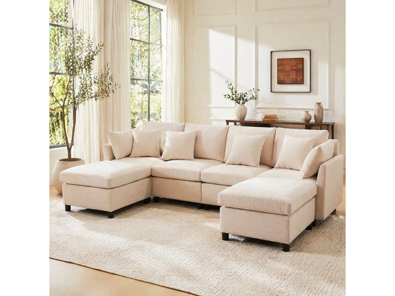  Canapé modulable beige en chenille avec 2 poufs et 6 coussins  - Conforama C