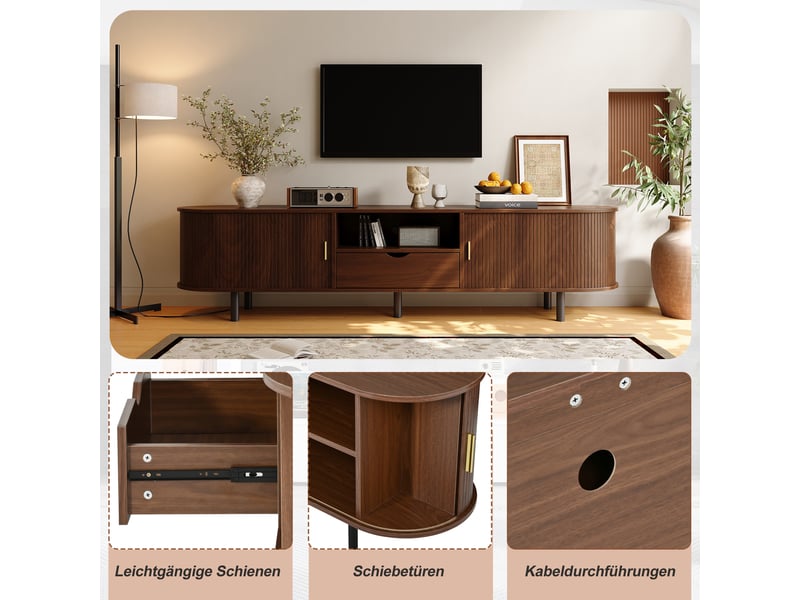  Meuble tv bas 175 x 40 x 55 cm, banc tv salon design arrondi avec porte à rideau, 1 tiroir, niches ouvertes, passe-câbles, mdf, effet bois noyer  - Conforama D
