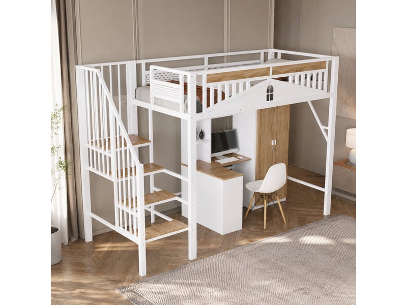  Lit mezzanine 90x200 cm avec échelle sécurisée et espace de rangement, coloris blanc  - Conforama B