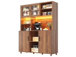 Buffet haut rétro coloris noyer, 140x40x185 cm, mdf et verre trempé, portes coulissantes, led et rangement de porte