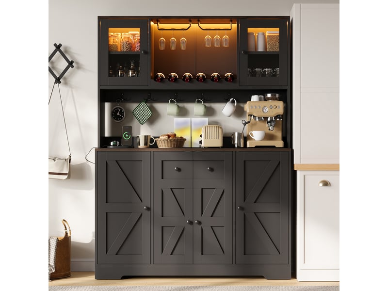  Buffet haut de cuisine 140x40x173 cm avec led rgb, 2 prises, 2 usb, casier à vin, porte-verres, portes acrylique, étagères réglables, mdf noir  - Conforama C