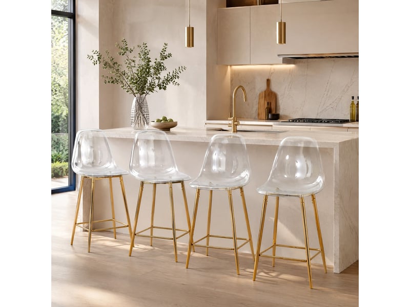  Tabouret de bar transparent avec repose-pieds et base métallique, design moderne en plastique doré  - Conforama C