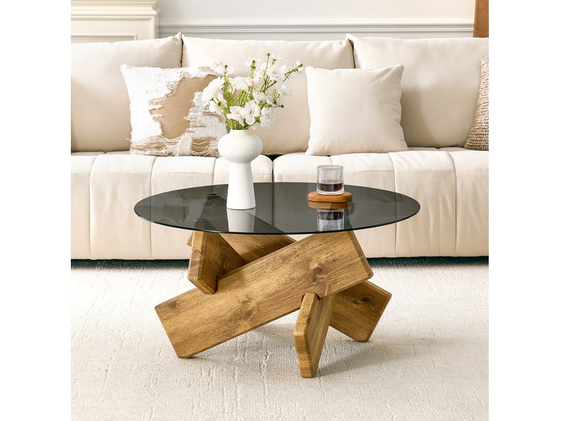  Table basse ronde avec plateau en verre trempé et piètement géométrique, style moderne, en mdf et verre, bois  - Conforama B