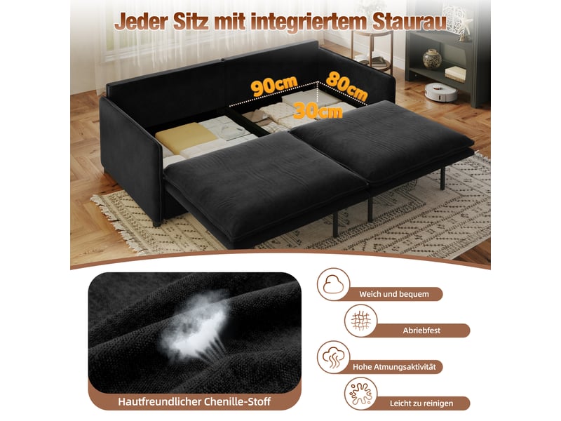 Canapé convertible 3 places 206 cm, 3-en-1 avec couchage double et rangement, dossier réglable, chenille, noir OMNIGLINT TRADING LTD - Conforama E