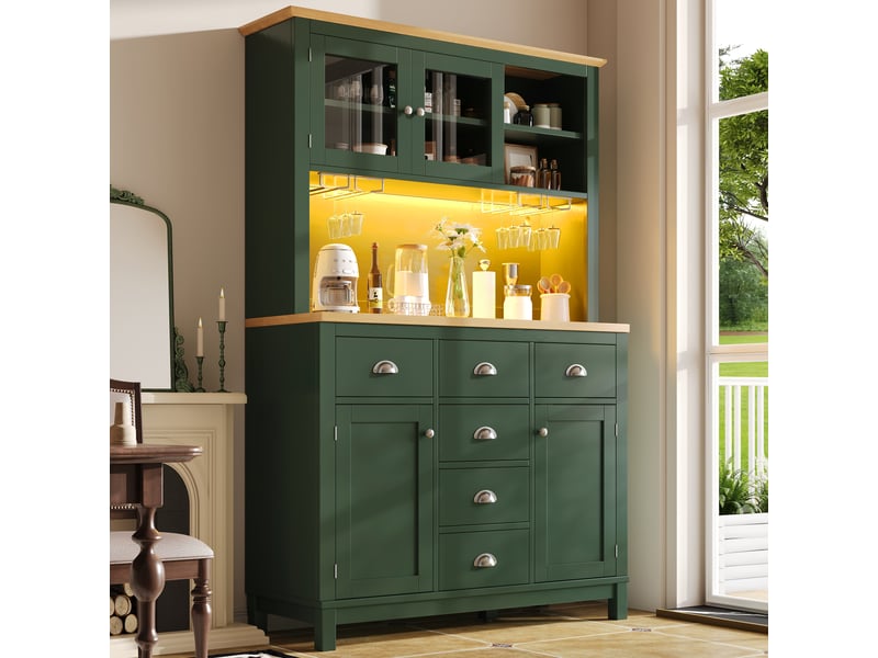 Buffet de cuisine vert style maison de campagne, armoire de rangement 180cm avec 4 portes, éclairage led et porte-gobelets. - Conforama E