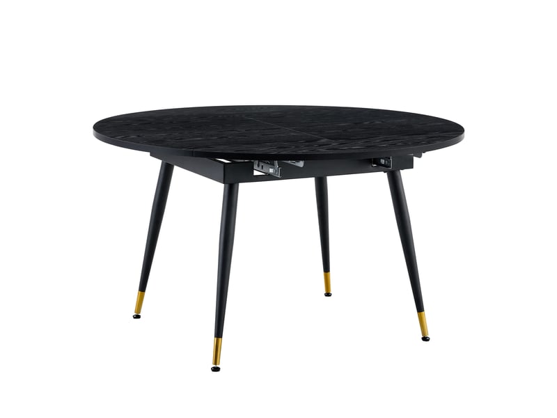 Table à manger extensible, table repas ronde à ovale, table gain de place, pieds métal dorés, mdf noir, 6 à 8 personnes - Conforama A