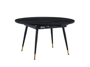 Table à manger extensible, table repas ronde à ovale, table gain de place, pieds métal dorés, mdf noir, 6 à 8 personnes