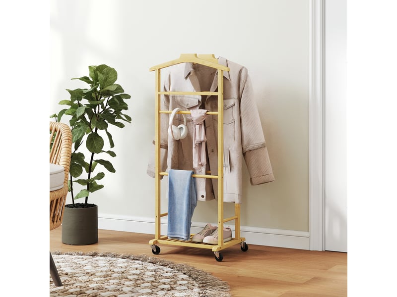 Portant à vêtements sur roulettes, porte-manteaux en bambou, double cintre intégré, 47 x 33,7 x 105,5 cm, bois naturel - Conforama C