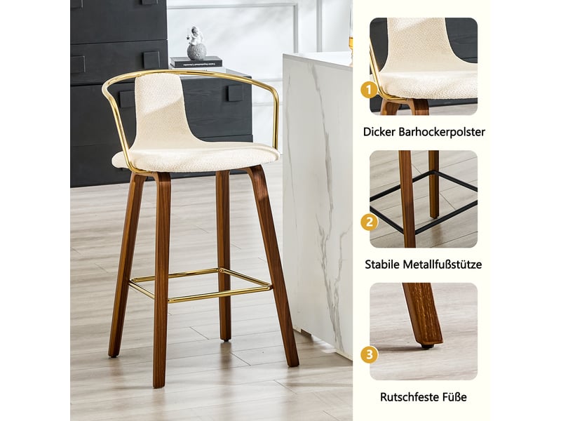  Lot de 2 tabourets de bar,54.7x44x88 cm,avec accoudoirs,tissu teddy,blanc crème  - Conforama E