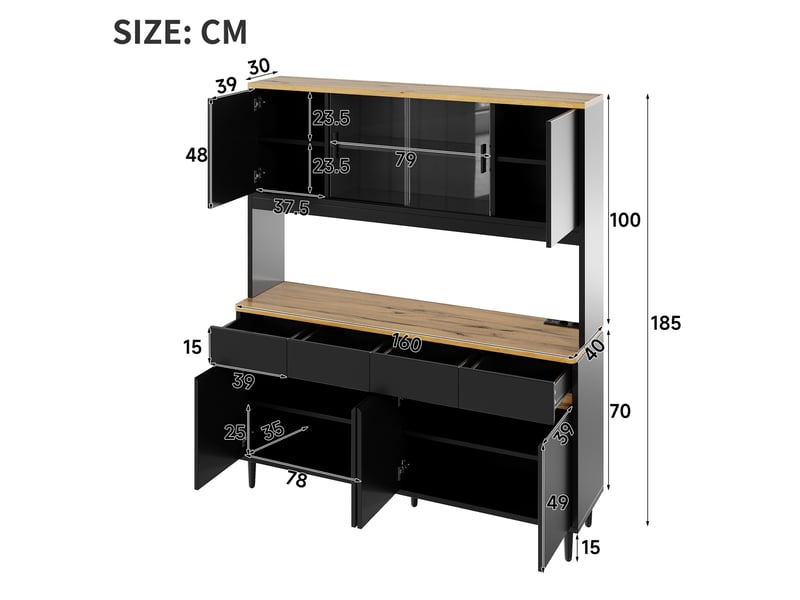  Buffet de cuisine 160x40x185 cm avec led et usb, 4 tiroirs et 8 portes, coloris noir et chêne  - Conforama C