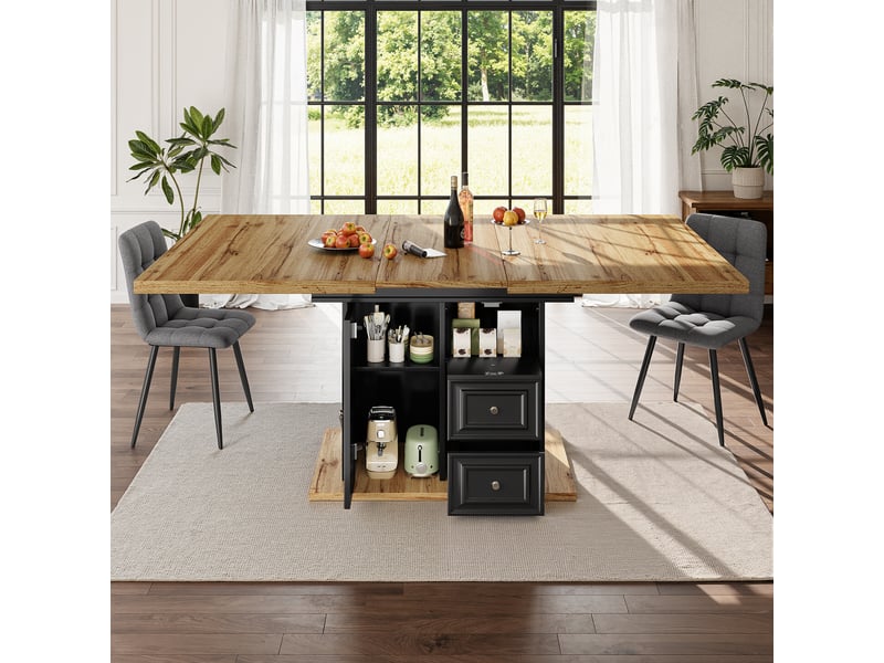  Table de cuisine rectangulaire avec allonge noir+naturel - 80x110-140max.cm mdf table bicolore - Conforama E
