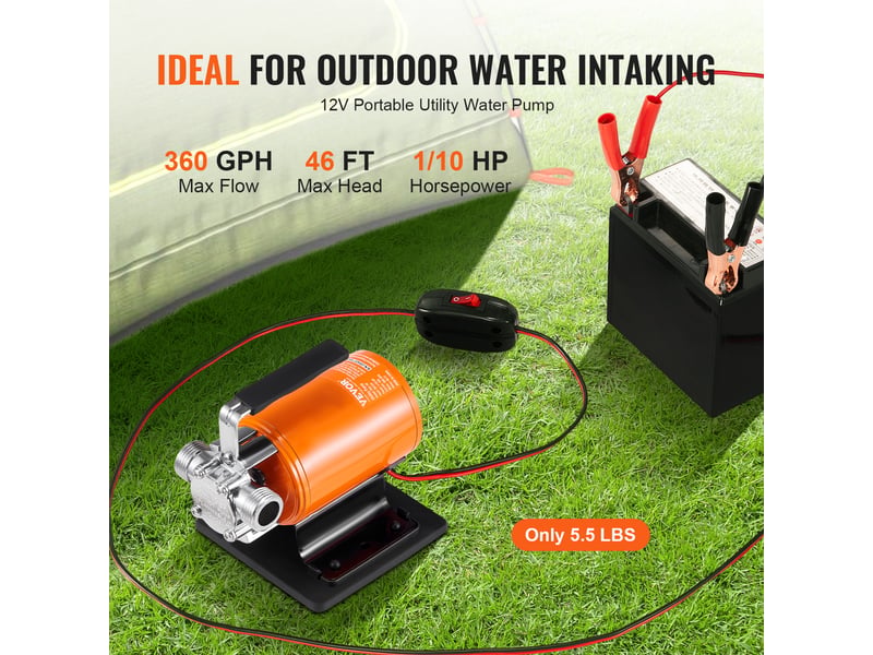 Vevor pompe de transfert deeau, 12 v cc 360 gph 110 hp, pompe utilitaire electrique portable, tuyau deaspiration 1,8 m, turbine, crepine deaspiration, pour jardin, piscine, etang, drainage aquarium - Conforama B