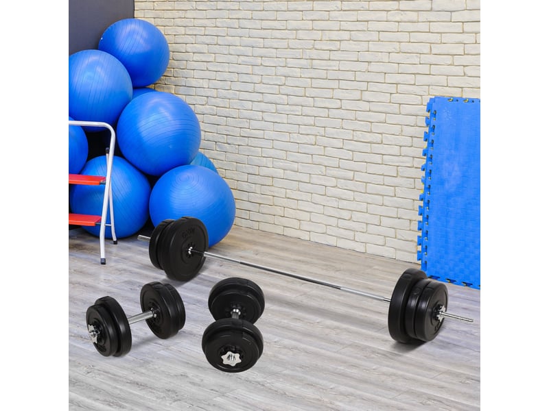 Kit musculation 55 kg, haltères + barre, poids ajustables 2 en 1, disques, barre 170 cm, domicilesalle, noir. - Conforama C
