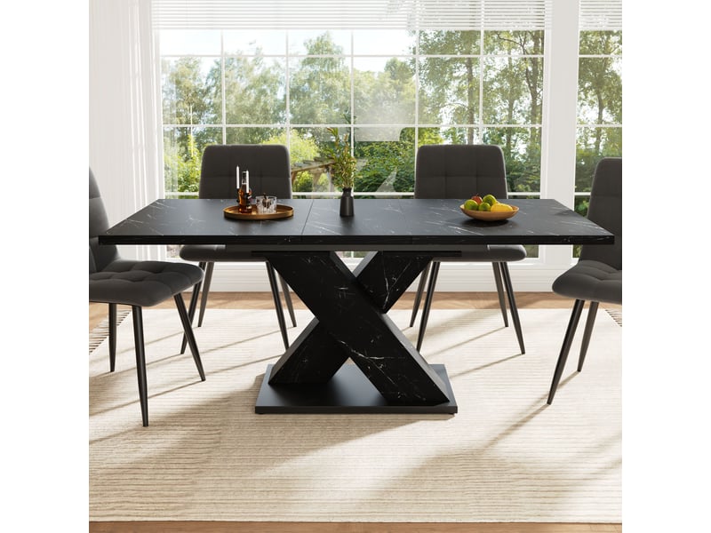  Table de séjour extensible effet marbre noir, design en x, pour 4 à 6 personnes, rails métalliques, cuisine et salle à manger Fay Lum - Conforama D