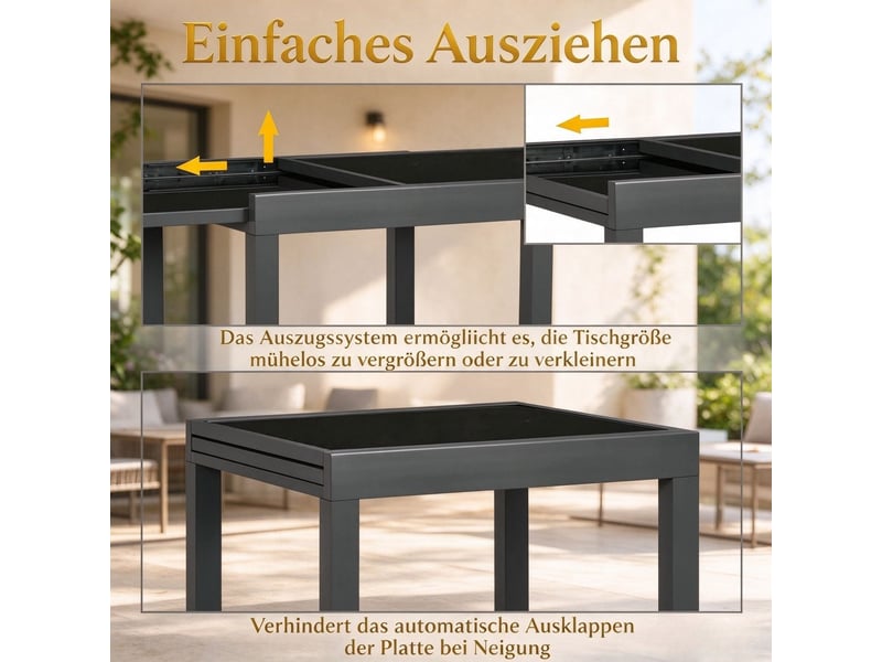 Table à manger plateau extensible grand format piètement en aluminium gris foncé plateau en verre trempé noir - Conforama E