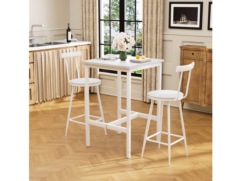  Ensemble table de bar 60x92 cm, 2 tabourets, style industriel, salle à manger et salon, meuble salon, aggloméré, blanc  - Conforama D