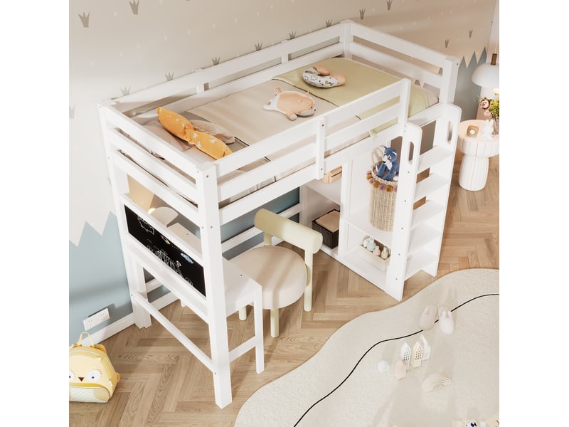  Lit mezzanine 90x200 cm avec bureau et tableau en bois blanc  - Conforama C