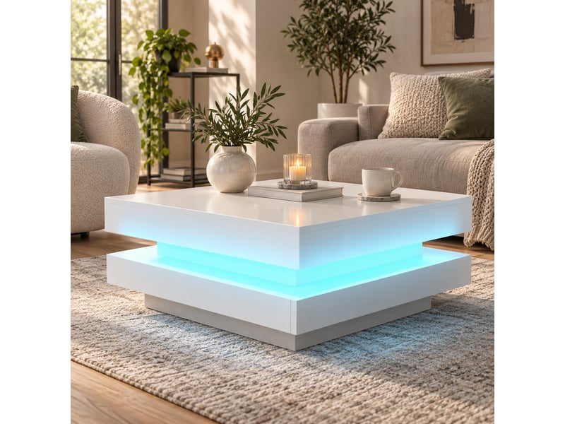  Table basse carrée blanc brillant 70x70x36 cm，avec plateau pivotant 360° et led, style moderne  - Conforama E
