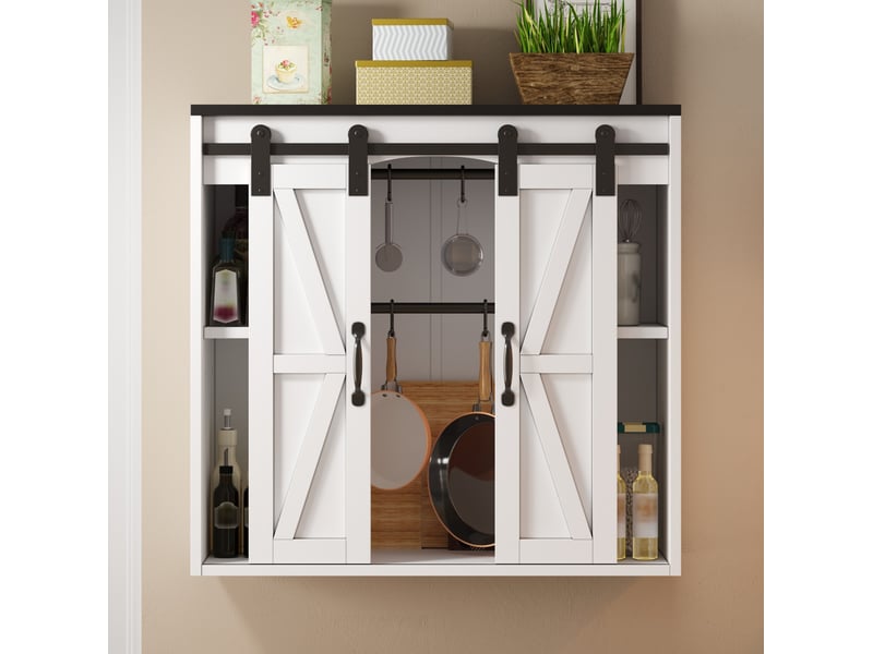  Armoire murale de cuisine avec 2 portes coulissantes et étagères réglables pour rangement, blanche, 80 × 31 × 76 cm  - Conforama B