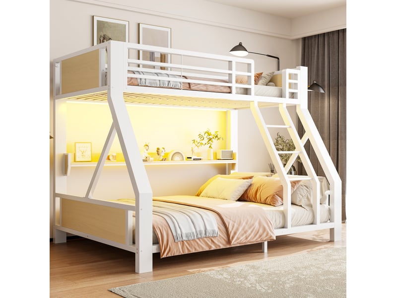  Lit superposé 90x200 et 140x200 cm blanc avec rangement et éclairage led  - Conforama D