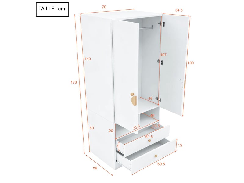  Armoire penderie 2 portes et 2 tiroirs avec compartiments 70 x 50 x 170 cm  - Conforama C