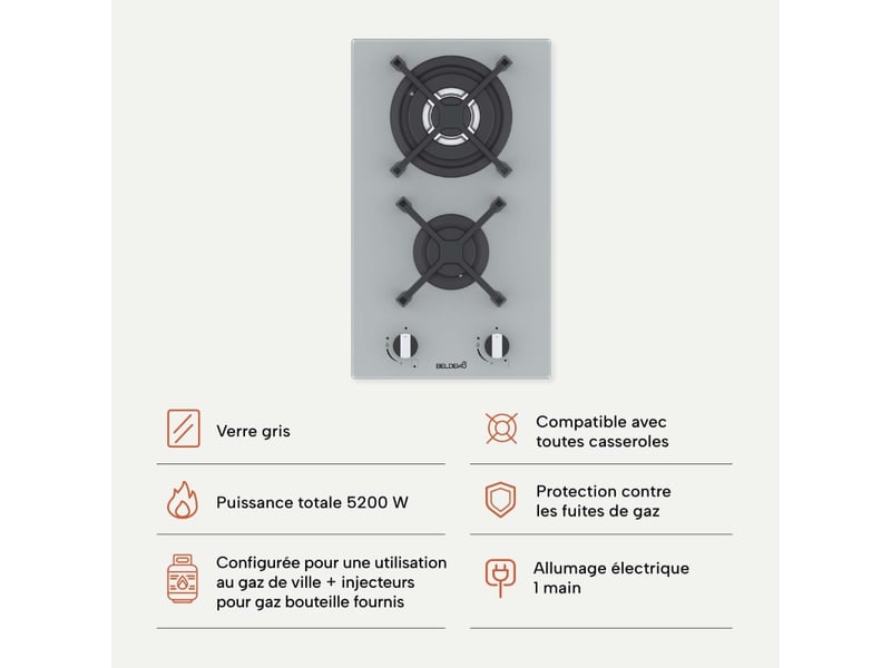 Beldeko plaque gaz 2 feux 5200 w - verre gris - brûleur double couronne - grilles en fonte - marque française - Conforama E