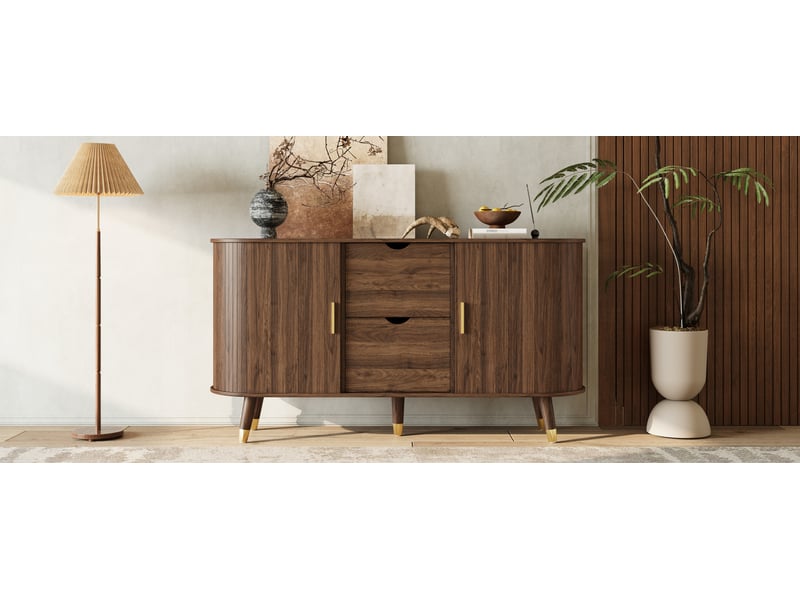  Buffet à grain vertical, 2 tiroirs, 2 portes coulissantes, pieds en bois massif et meuble d'angle arrondi pour le salon, buffet  - Conforama W