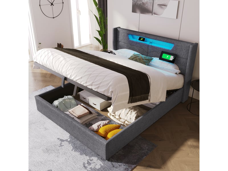  Lit rembourré double 160x200 cm en lin gris, éclairage led, usb type-c, coffre de rangement, sans matelas  - Conforama C
