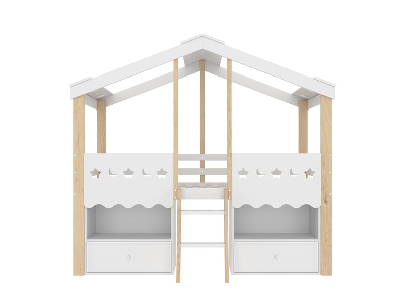  Lit surélevé forme maison avec 2 tiroirs et led, blanc et naturel, 90x200 cm  - Conforama A
