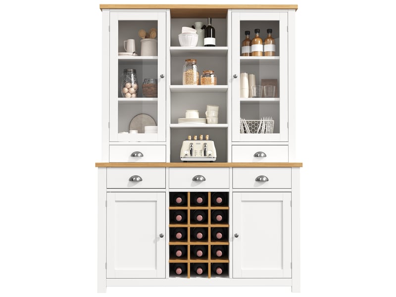  Buffet de cuisine haut 120 x 40 x 185 cm, porte vitrée, 5 tiroirs, étagère réglable, casier à vin amovible, anti-basculement, blanc  - Conforama A