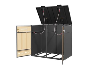 Abri poubelle double en acier avec couvercle rabattable et portes gris effet bois chicfurn