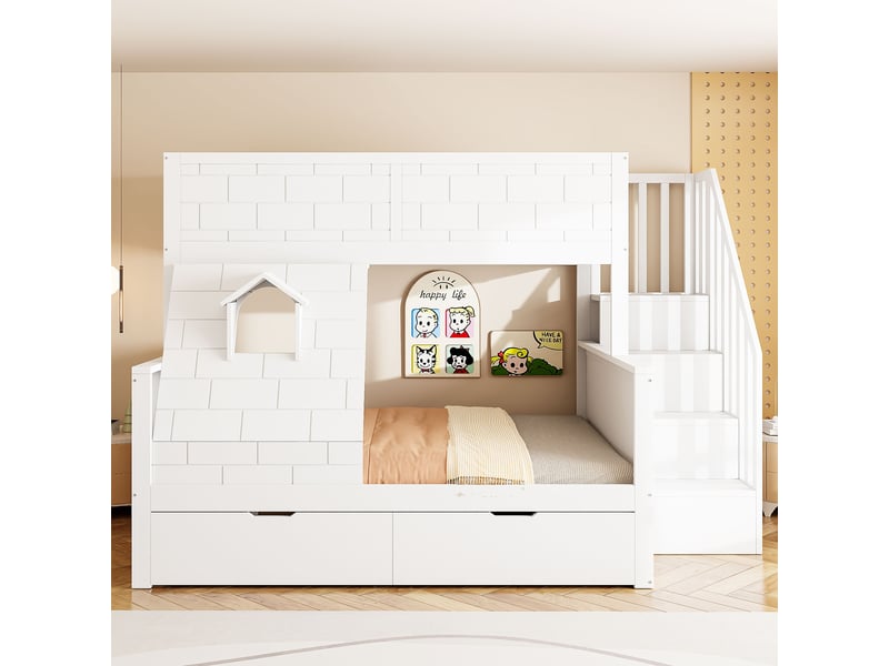  Lit superposé familial en bois 90x200 et 140x200 cm lit enfant avec escalier à rangements,2 tiroirs,fenêtre,garde-corps,pin massif et mdf,blanc  - Conforama D