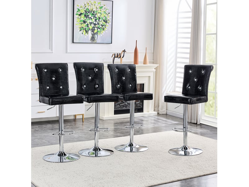  Tabouret de bar avec dossier capitonné et détails cristal, assise rembourrée en pvc imperméable noir  - Conforama C