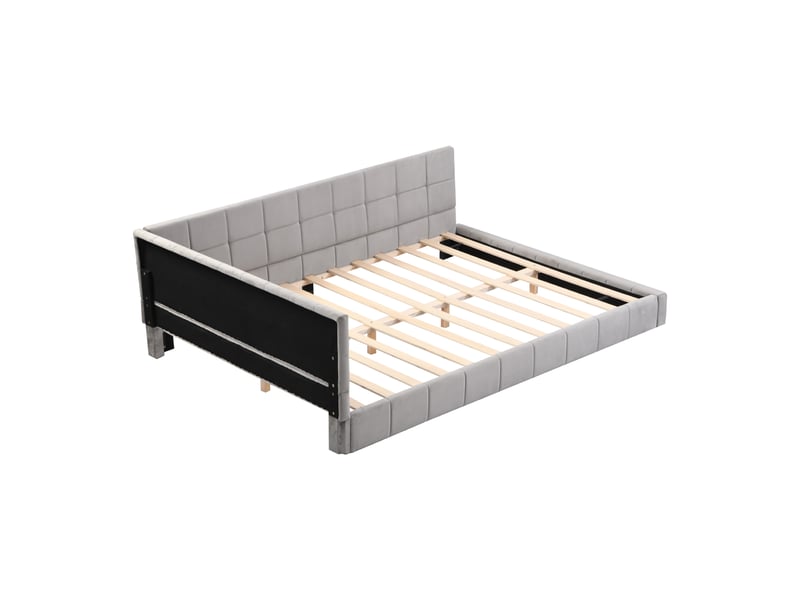  Lit capitonné et canapé-lit 140x200 cm multifonctionnel en velours, gris, avec lattes, sans matelas  - Conforama A