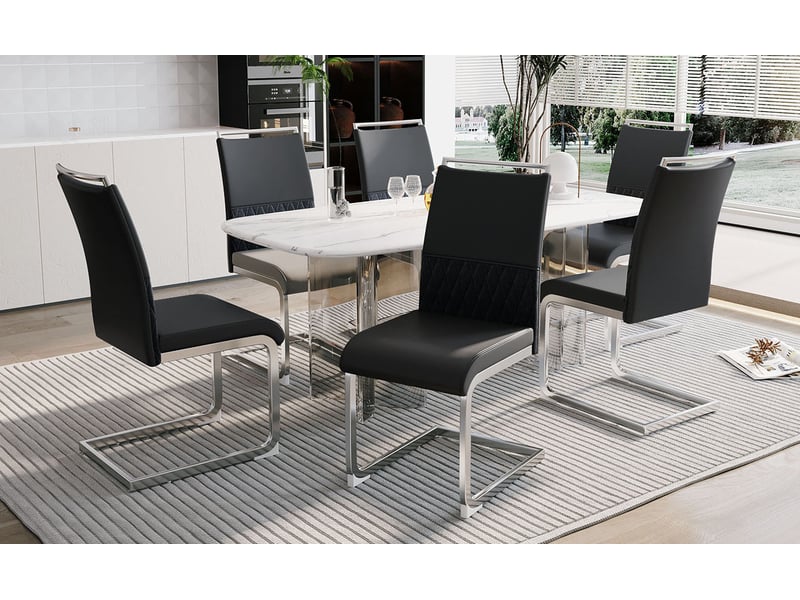  Lot de 6 chaises de salle à manger à dossier haut en similicuir pu et lin, noires  - Conforama C