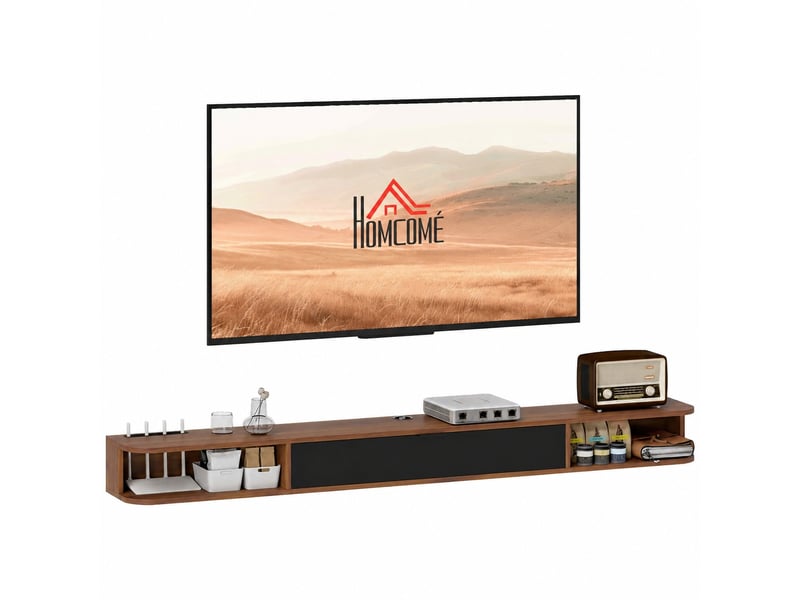  Meuble tv suspendu jusqu'à 75 pouces, abattant, 2 étagères ouvertes, finition noyer, 180 x 24 x 16 cm  - Conforama A