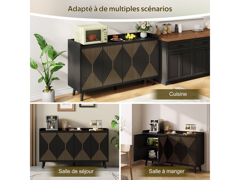  Buffet bas 140 x 40 x 84 cm en mdf, 4 portes, étagères réglables et plateau ouvert, rangement salle à manger, noir  - Conforama D
