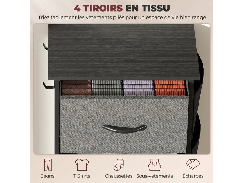  Commode 4 tiroirs en tissu, meuble de rangement avec 4 poches, 2 crochets, structure en acier, gris, 45 x 30 x 94,5 cm  - Conforama A